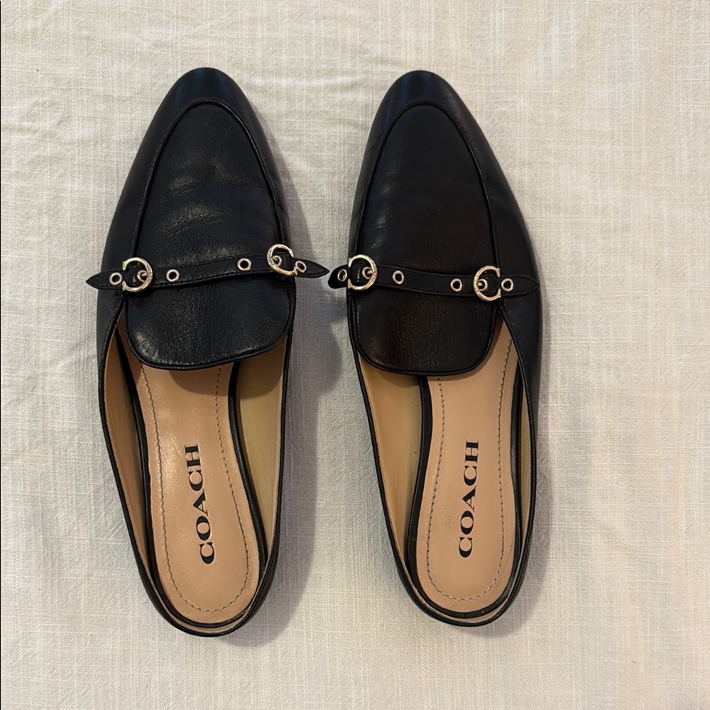 Black Leather Coach Mules with Gold Details